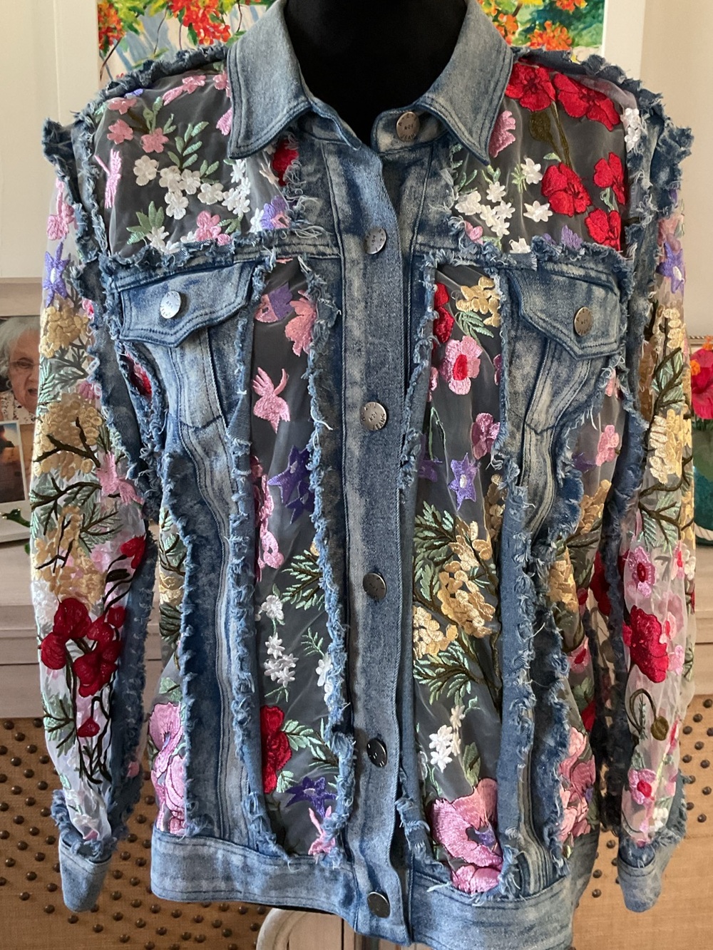 Floral Embroidered Cotton Denim Jacket Size XL